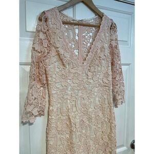 Blush Pink Romantic Lace Bodycon Sheath‎ Plunge Neckline Short Dress L Coquette